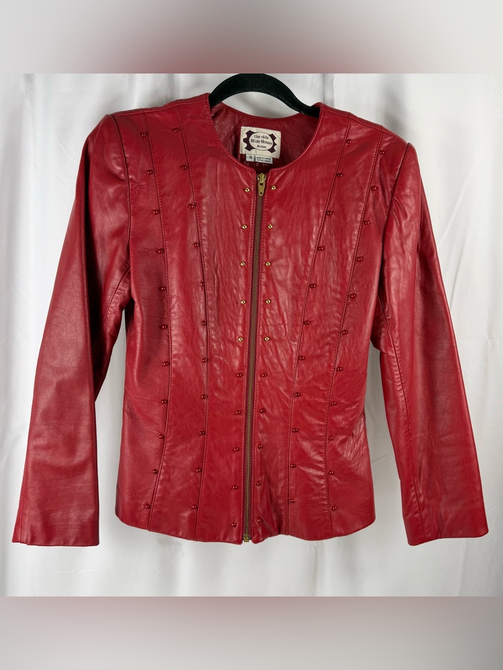 Vtg The Olde Hide House Women's Red Leather Short Zipper Jacket Gold Studs Sz 4